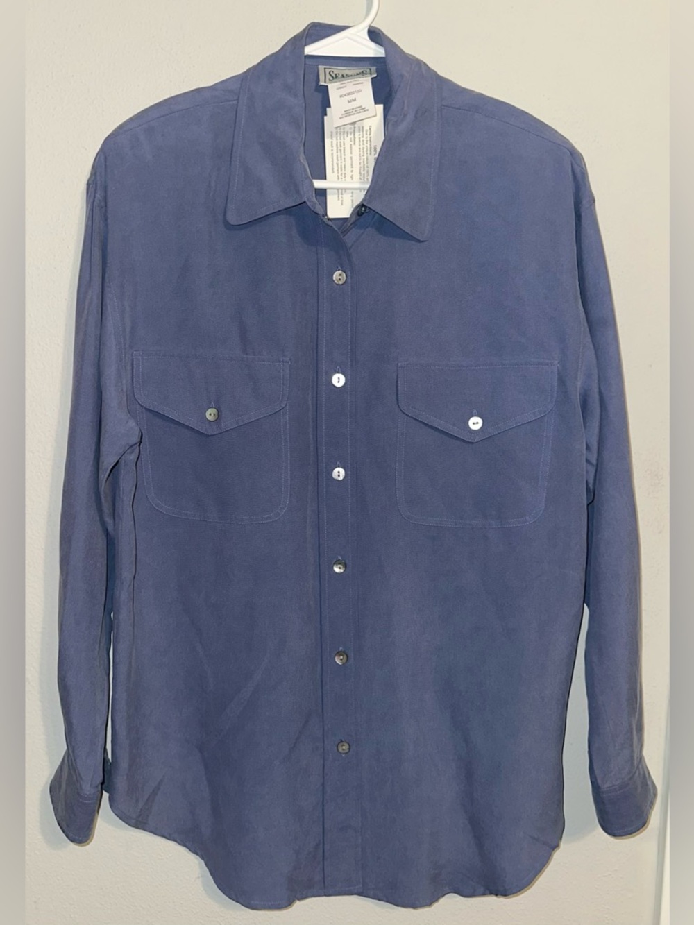 Seasons Blue Button Down Silk Shirt NWT